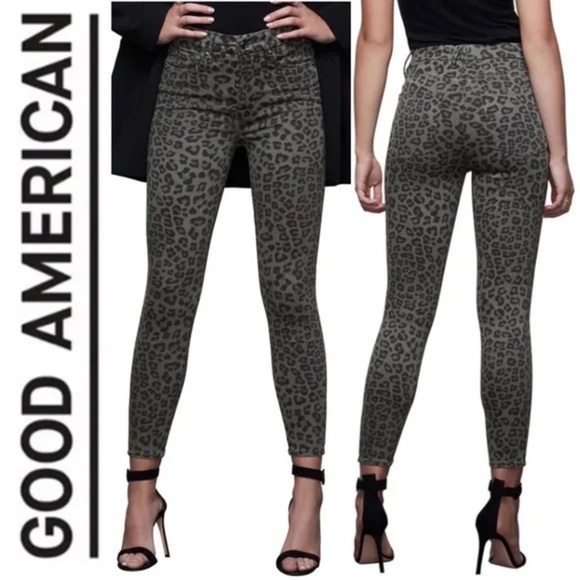 NWT Good American Good Waist Crop Jeans Green Olive Leopard Animal Sz 14 32 - Picture 1 of 13